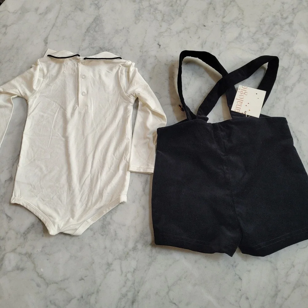 Analogie Kids Velvet Suspender Shorts & Peter Pan Bodysuit Set Black White 24M